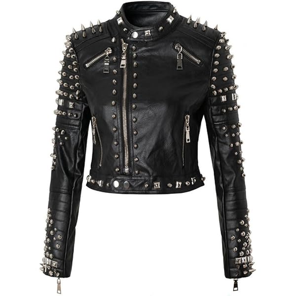 Alloaone Women Spring Autumn Slim Rivet Graffiti PU Leather